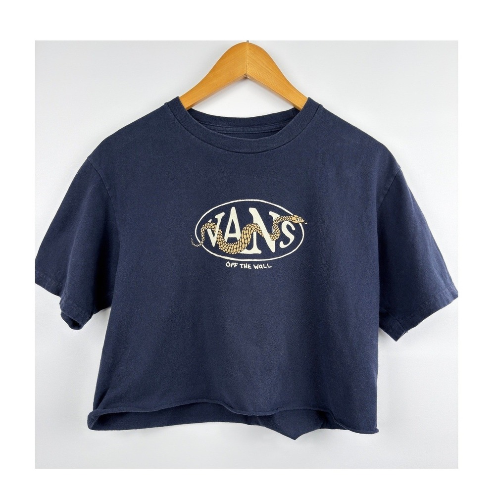 Vans Graphic Crop Top T-Shirt Womens Navy Blue Good Snake Logo Raw Hem Size S